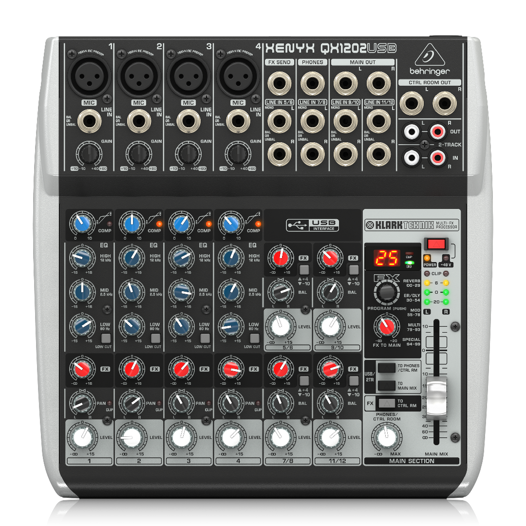 Behringer QX1202USB Premium 12-Input 2/2-Bus Mixer with XENYX Mic Preamps & Compressors, Klark Teknik Multi-FX Processor, Wireless Option and USB/Audio Interface