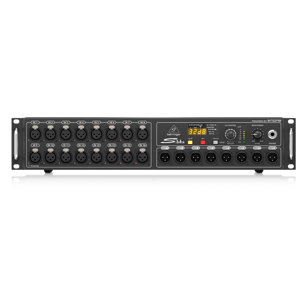 Behringer S16 I/O Box with 16 Remote-Controllable Midas Preamps, 8 Outputs and AES50 Networking featuring Klark Teknik SuperMAC Technology